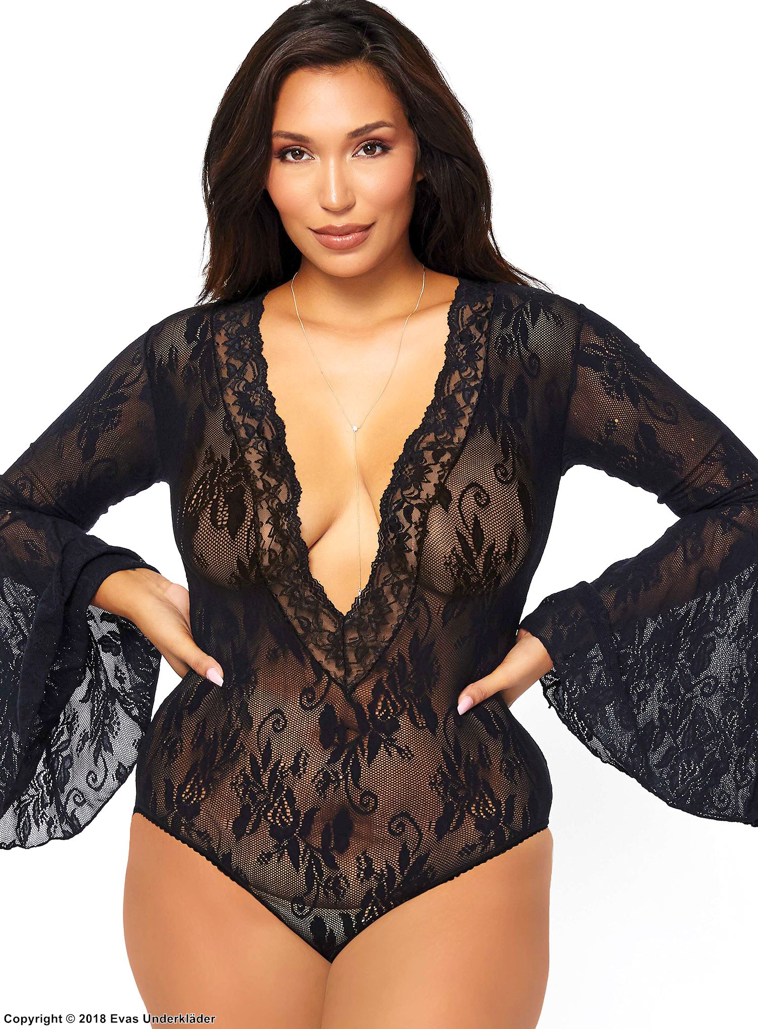 Romantischer Dessous-Teddy, Stretch-Spitze, tiefer Ausschnitt, Glockenärmel, Plus Size